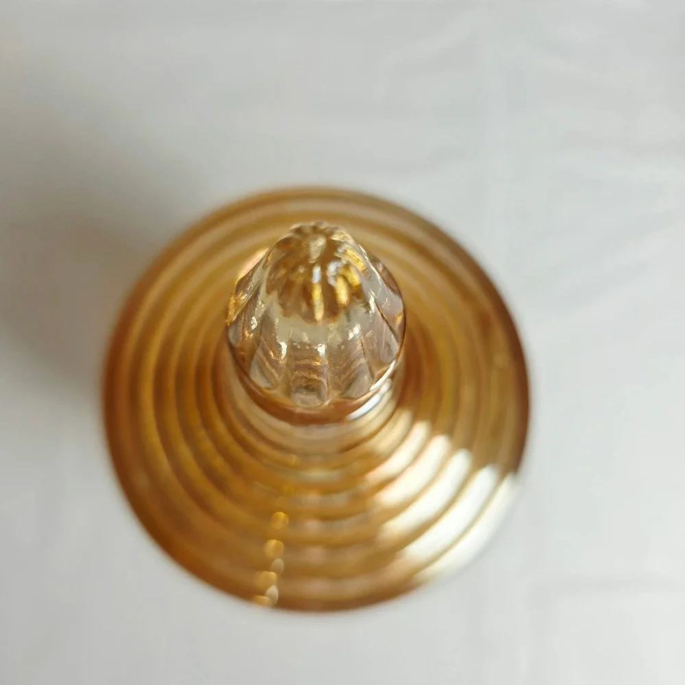 Vintage Marigold Carnival Glass Ribbed Beehive Lidded Candy Dish Footed Jar MCM